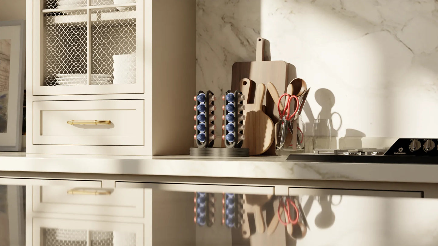 Organizador doble de cápsulas de café | Soporte vertical impreso en 3D para cápsulas tipo Nespresso | Accesorio de cocina moderno