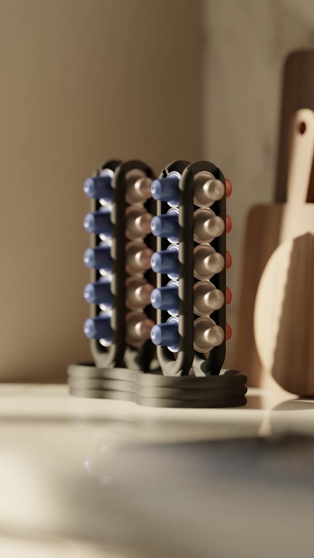 Organizador doble de cápsulas de café | Soporte vertical impreso en 3D para cápsulas tipo Nespresso | Accesorio de cocina moderno