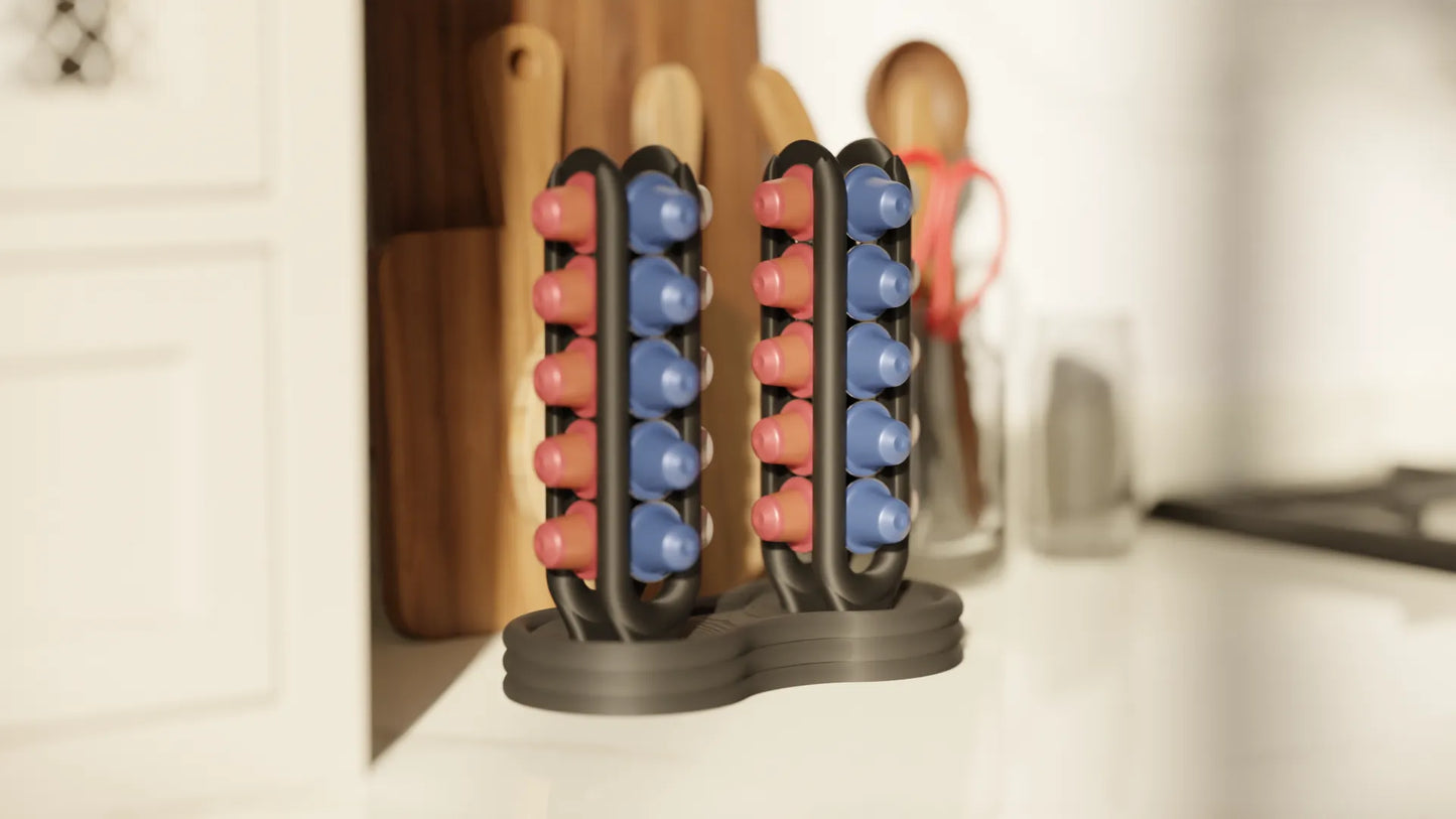 Organizador doble de cápsulas de café | Soporte vertical impreso en 3D para cápsulas tipo Nespresso | Accesorio de cocina moderno