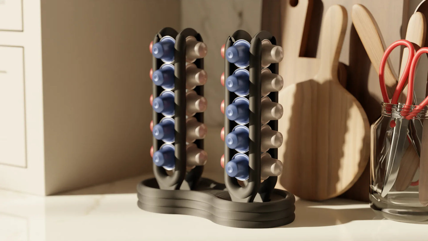 Organizador doble de cápsulas de café | Soporte vertical impreso en 3D para cápsulas tipo Nespresso | Accesorio de cocina moderno