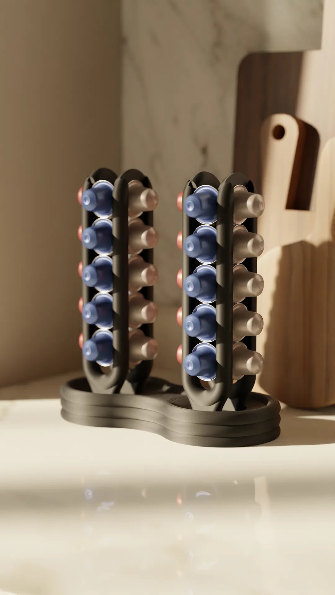 Organizador doble de cápsulas de café | Soporte vertical impreso en 3D para cápsulas tipo Nespresso | Accesorio de cocina moderno