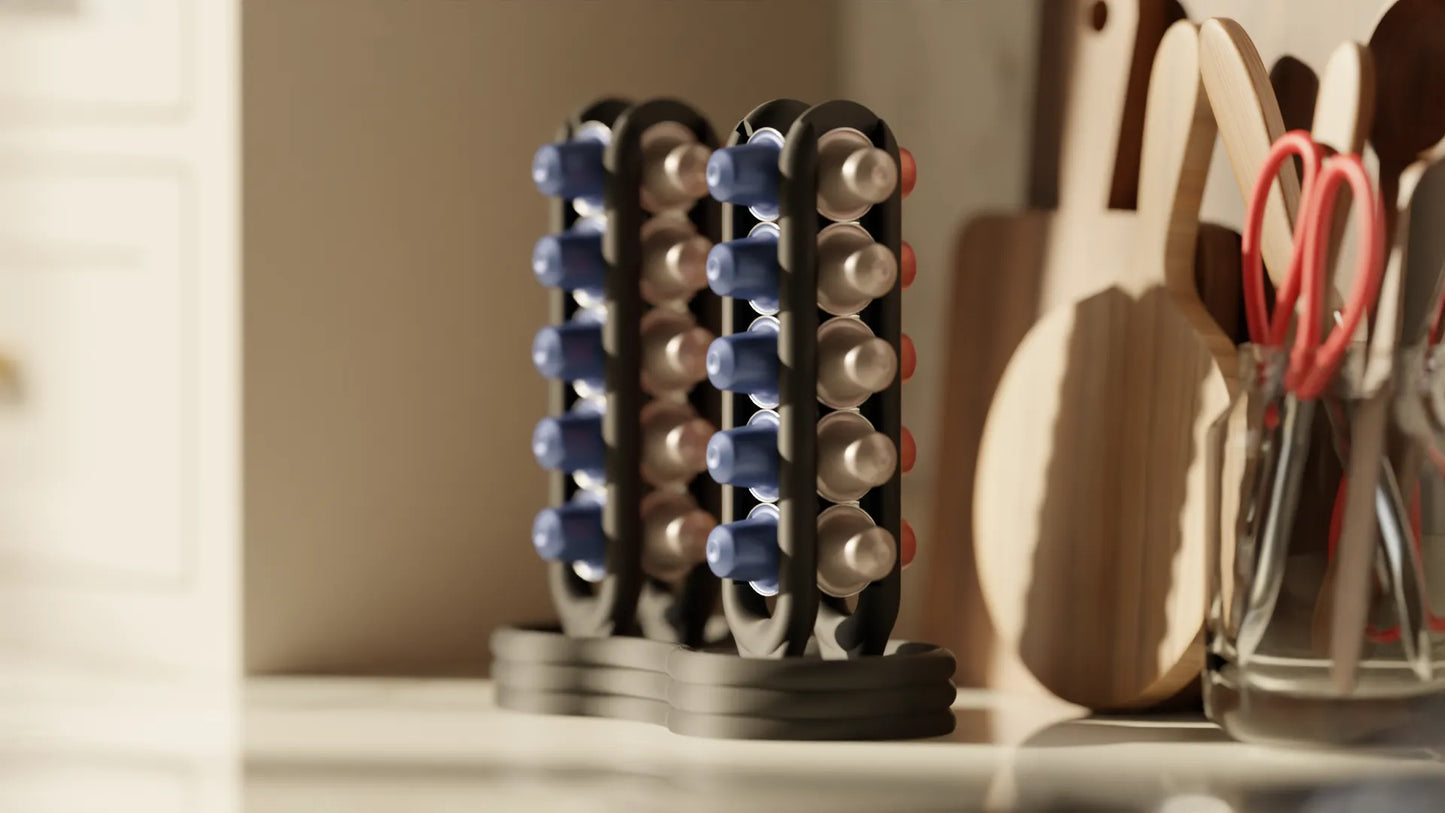 Organizador doble de cápsulas de café | Soporte vertical impreso en 3D para cápsulas tipo Nespresso | Accesorio de cocina moderno
