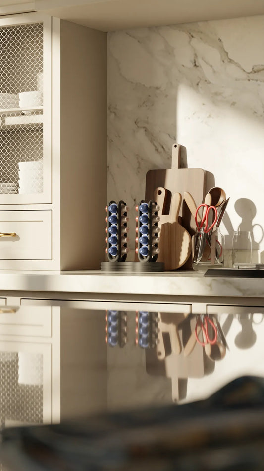 Organizador doble de cápsulas de café | Soporte vertical impreso en 3D para cápsulas tipo Nespresso | Accesorio de cocina moderno